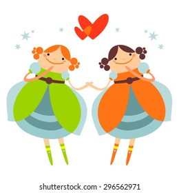 Gay women couple in love isolated on white background. LGBT couple symbol. Happy lesbian couple in love. Two girls with hearts. Design element for Valentive's Day card. Cartoon style.