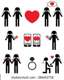 Gay women  falling in love and engagement icons set
