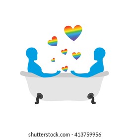 Gays in bath. Two men in bath. LGBT people taking tub. Joint bathing. Passion feelings among lovers. Romantic illustration washed with currency. Love rainbow
