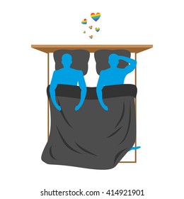 Gays in bed. Lovers in couch top view. Two blue people are in kip. Smoking after sex. Heart with love LGBT rainbow symbol. Pillow and blanket. Smoke cigarette after lovemaking. Romantic illustration