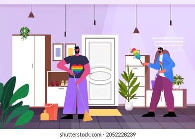 gays cleaning house two men housekeeping transgender love LGBT community concept living room interior