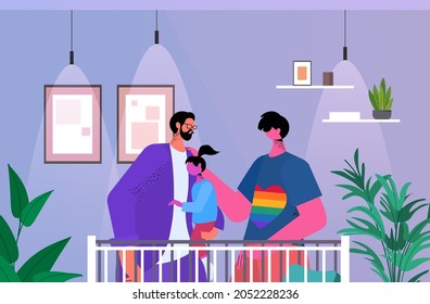 gays family holding little daughter fatherhood transgender love LGBT community concept bedroom interior