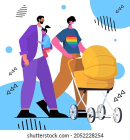 gays family walking with newborn baby in stroller fatherhood transgender love LGBT community concept