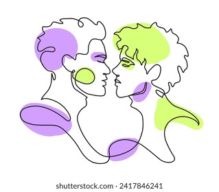 Gays kiss outline art. Drawing of gay couple in love, solid line, vector illustration isolated on white background. Face line art minimal style poster.