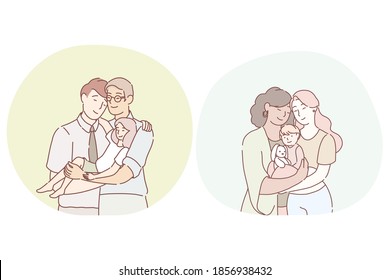 Gays and lesbian parents family adopting child concept. Young happy boys gays and girls lesbians homosexual partners standing, hugging and holding small adopted kid on hands. Lgbt, equality vector