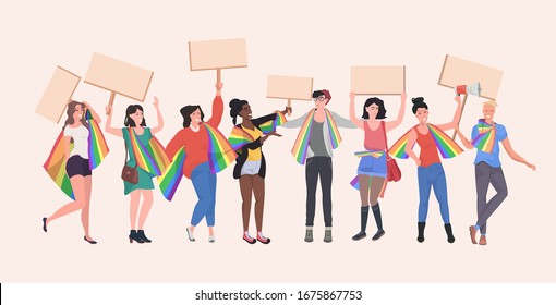 gays and lesbians with lgbt rainbow flags holding protest posters blank placards love parade pride festival demonstration concept full length horizontal vector illustration