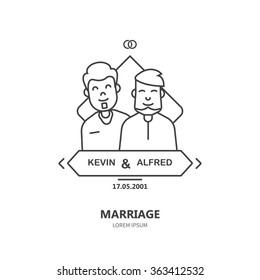 Gays in love. Linear emblem with simple data in linear flat style. Isolated on white background and easy editing. Family event. LGBT marriage. 