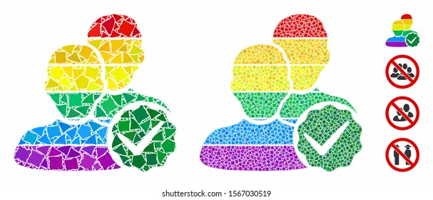 For gays mosaic of raggy elements in various sizes and color tones, based on for gays icon. Vector raggy parts are composed into collage. For gays icons collage with dotted pattern.