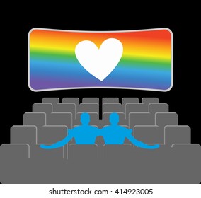 Gays in theater. Two blue men in cinema hall. Places for kisses on last row. Lovers watching movie. Romantic LGBT illustration. Heart rainbow symbol of homosexual love