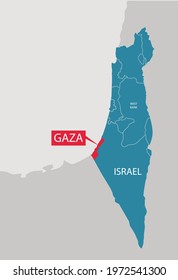 Gaza Highlighted In Read Within Israel Map Shwoing Also The West Bank. Editable Clip Art.