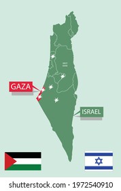 Gaza Strip in Israel with flags and explosion icons on map. Editable Clip Art.