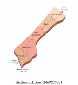 Gaza Strip map, 5 districts of Gaza.