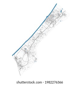 Karte des Gazastreifens. Detaillierte Karte des Verwaltungsgebiets, Landpanorama. Lizenzfreie Vektorgrafik. Übersicht mit Autobahnen, Straßen, Flüssen. Tourist dekorative Straßenkarte.