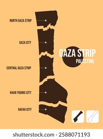 Gaza Strip Map – Detailed GAZA Map Showing Cities and Regions Within the Gaza Strip. Complete Map and Divided Map by Governorates and Cities, Highlighting Key Areas and Boundaries.