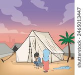Gaza War, 
World Refugee Day Cartoon Boy and girl Crying at Refugees camp , 21 june