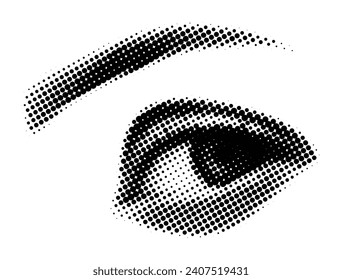 Gaze directed towards the corner of the eye. Dotted vector illustration of a human eye with halftone dotted screen.