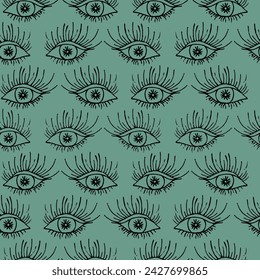 Blick. Augen mit Wimpern, Iris, Pupille. Skizze Nahtloses Vektormuster. Doodle-Stil. Isolierter grüner Hintergrund. Wiederholtes visuelles Ornament. 