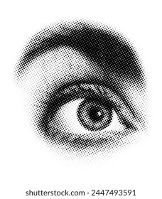 With a gaze full of wonder and surprise, the wide open eye narrates a tale of unexpected awe, captured in a halftone vector illustration of a human eye.
