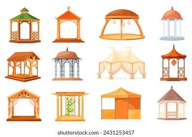 Gazebo. Cartoon pergola for summer house, outdoor stand alcove canopy beach pavilion or garden tent shelter, bower patio marque park wedding event arbor, vector illustration of outdoor pergola set