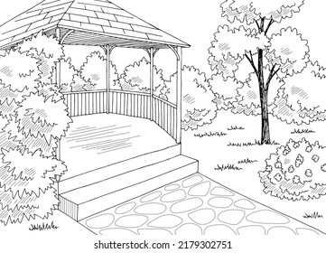 Gazebo garden modern graphic black white architect landscape sketch illustration vector 