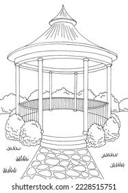 Gazebo garden modern graphic black white architect landscape sketch vertical illustration vector 