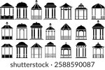 gazebo icon set, Black gazebo park silhouette vector template designs, isolated on a transparent background. Gazebo of pergola icons. Gazebo park. Wooden alcove patio, perfect for logos, web page