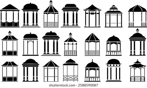 gazebo icon set, Black gazebo park silhouette vector template designs, isolated on a transparent background. Gazebo of pergola icons. Gazebo park. Wooden alcove patio, perfect for logos, web page