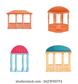Conjunto de iconos de Gazebo Vector de dibujos animados. Gazebo o estructura de pabellón. Elemento de área del parque de la ciudad
