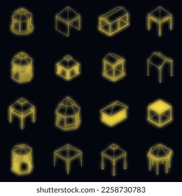 Gazebo icons set. Isometric set of gazebo vector icons neon on black isolated