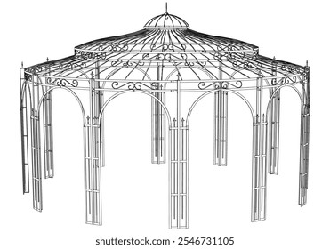 Gazebo line art vector design, featuring a shingled roof and elegant structure, set in a peaceful garden, ideal for picnics, relaxation, and nature retreats in an open outdoor space