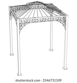 Gazebo line art vector design, featuring a shingled roof and elegant structure, set in a peaceful garden, ideal for picnics, relaxation, and nature retreats in an open outdoor space