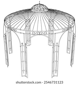 Gazebo line art vector design, featuring a shingled roof and elegant structure, set in a peaceful garden, ideal for picnics, relaxation, and nature retreats in an open outdoor space