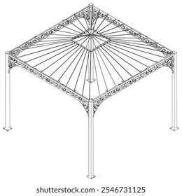 Diseño de Vector de arte de línea Gazebo, con techo de tejas y estructura elegante, ubicado en un tranquilo jardín, ideal para picnics, relajación y retiros de naturaleza en un espacio al aire libre abierto