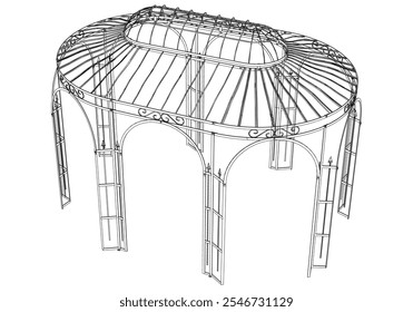 Gazebo line art vector design, featuring a shingled roof and elegant structure, set in a peaceful garden, ideal for picnics, relaxation, and nature retreats in an open outdoor space
