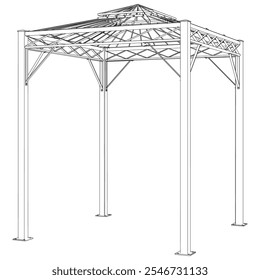 Gazebo line art vector design, featuring a shingled roof and elegant structure, set in a peaceful garden, ideal for picnics, relaxation, and nature retreats in an open outdoor space