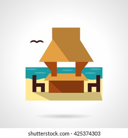 Gazebo on seacoast with table, chairs and bird. Beach architecture. Landscape design. Tropical resort and rest. Flat color style vector icon