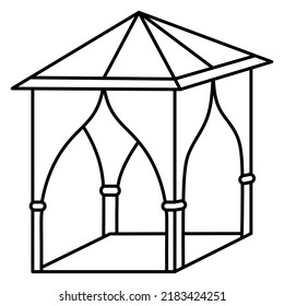 Gazebo for outdoor recreation. Sketch. Tent with roof and curtains. Vector illustration. Outline on isolated background. Coloring. Doodle style. Idea for web design.