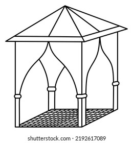 Gazebo für die Erholung im Freien. Skizze. Zelt mit Dach und Vorhängen. Vektorgrafik. Umriss auf isoliertem Hintergrund.  Doodle-Stil.