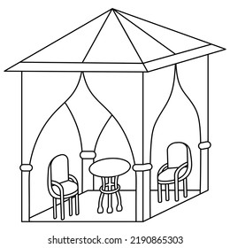 Gazebo para recreación al aire libre. Mesa y dos sillas. Esbozo. Tienda con techo y cortinas. Ilustración vectorial. Esquema sobre fondo aislado.