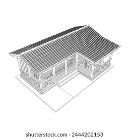 Gazebo outline. Black contour linear silhouette. Isometric view. Contour of a summerhouse with benches, a table and a roof. Vector illustration. 3D.