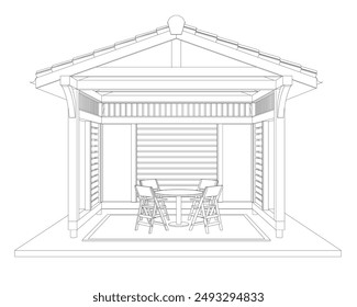 Gazebo outline. Black contour linear silhouette. Contour of a summerhouse with benches, a table and a roof. Vector illustration. 3D.