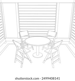 Gazebo outline. Black contour linear silhouette. Contour of a summerhouse with benches, a table and a roof. Vector illustration. 3D.
