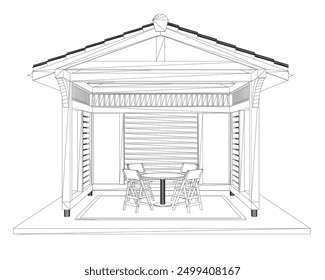 Gazebo outline. Black contour linear silhouette. Contour of a summerhouse with benches, a table and a roof. Vector illustration. 3D.