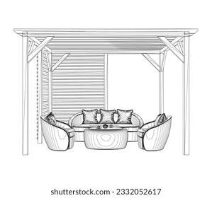 Gazebo outline garden modern graphic black white architect landscape sketch illustration vector. Gazebo garden modern graphic contour architect landscape sketch illustration vector