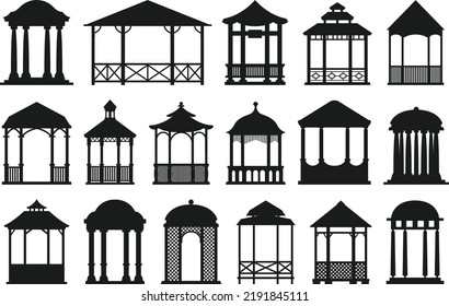 Gazebo pergola cartoon garden bower gazebo pergola set isolated Vector Silhouettes