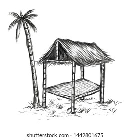 Gazebo, rest area in rice fields and coconut trees. hand drawn vector illustration