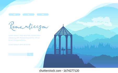 Gazebo for romantic meetings on the background of a mountainous area. Belvedere in the misty haze of sunrise. Vector illustration design concept.