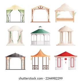 Gazebo in various styles for gardens or parks flat set isolated vector illustration