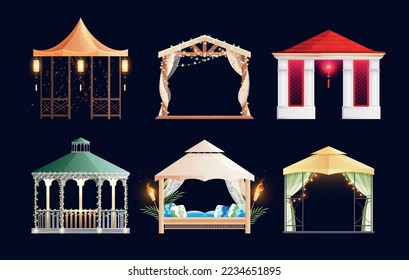 Gazebo in various styles at night time decorated with lanterns torches lighted garlands flat set isolated on black background vector illustration