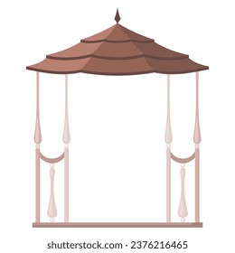 Gazebos pergola style. Architecture wooden bower flat cartoon icon. Pavilion structure, city park or gardens area element isolated on white background. Vector illustration